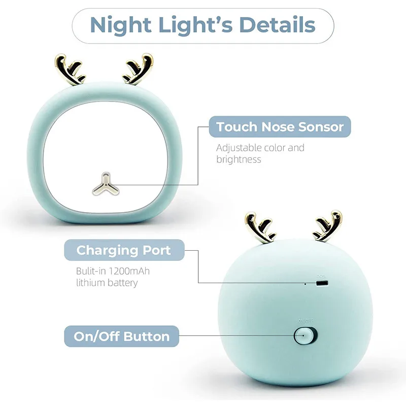 Luz nocturna de conejito de ciervo para niños, lámpara de mesita de noche, Control táctil recargable, 3 brillos, ajustable