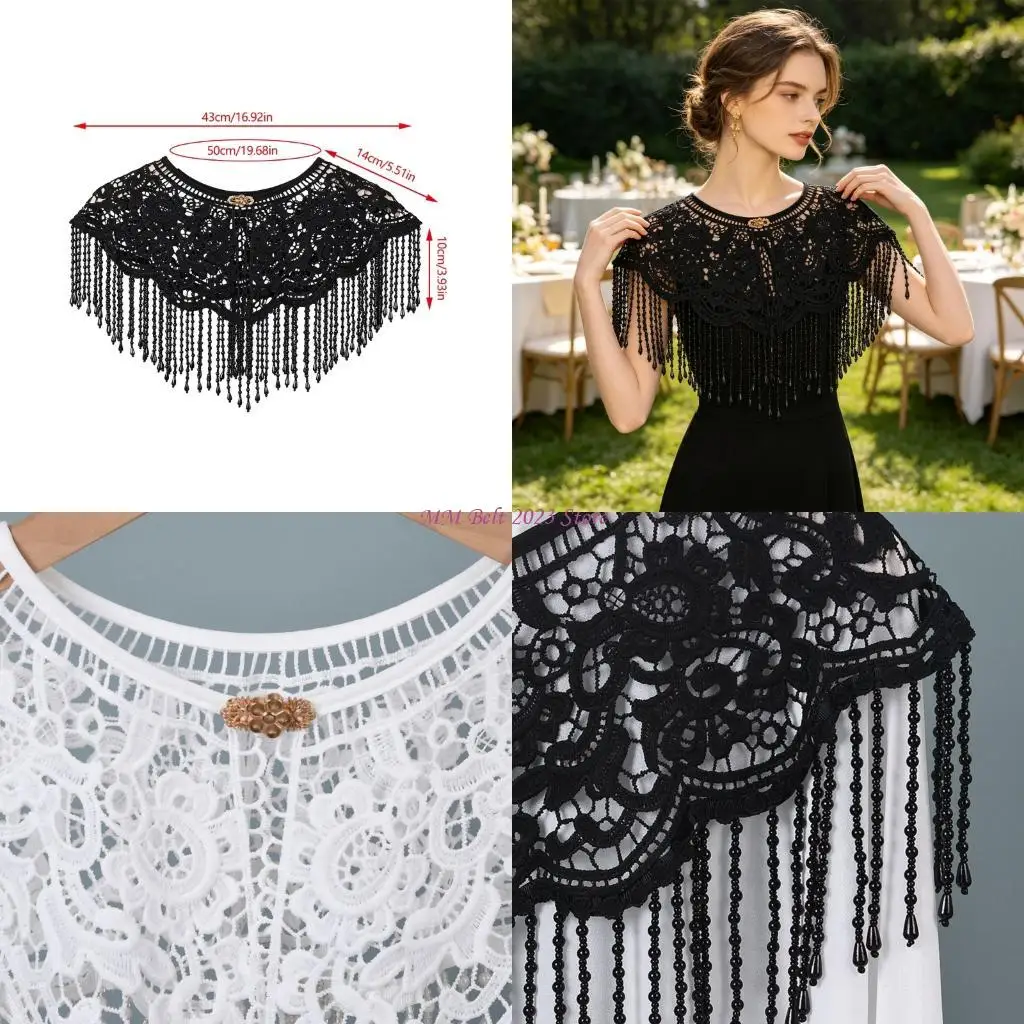 49ME Artistic Fringed Evening Shawl Comfortable Wear Hollowed Lace Faux Collar For Seasonal And Fashion Styling