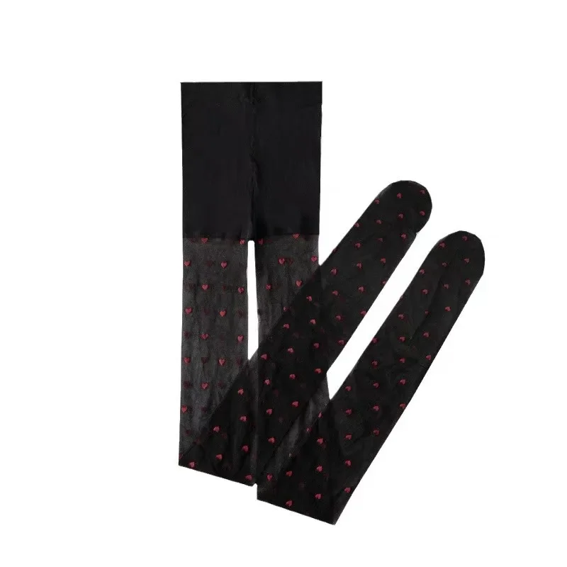 Red Heart-shaped Black Stockings Girl\'s Cute Ultra Thin Jacquard Lolita Tight Socks Sexy Skin Penetrating Ballet Party Pantyhose