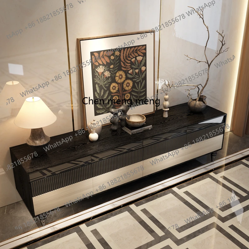 

French retro marble TV cabinet coffee table, antique furniture in the living room, solid wood floor cabinet