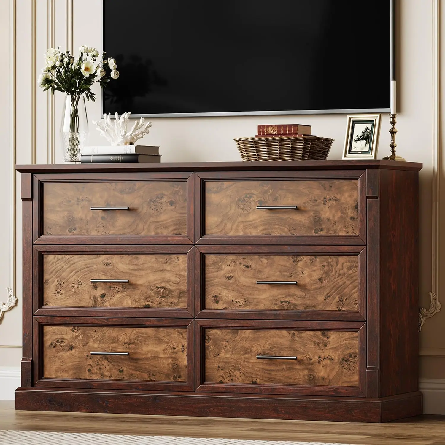 

Brown 6 Drawer Dresser for Bedroom, Farmhouse Large Chest of Drawers with Metal Handles, Rustic Wooden Dresser for Living Roo