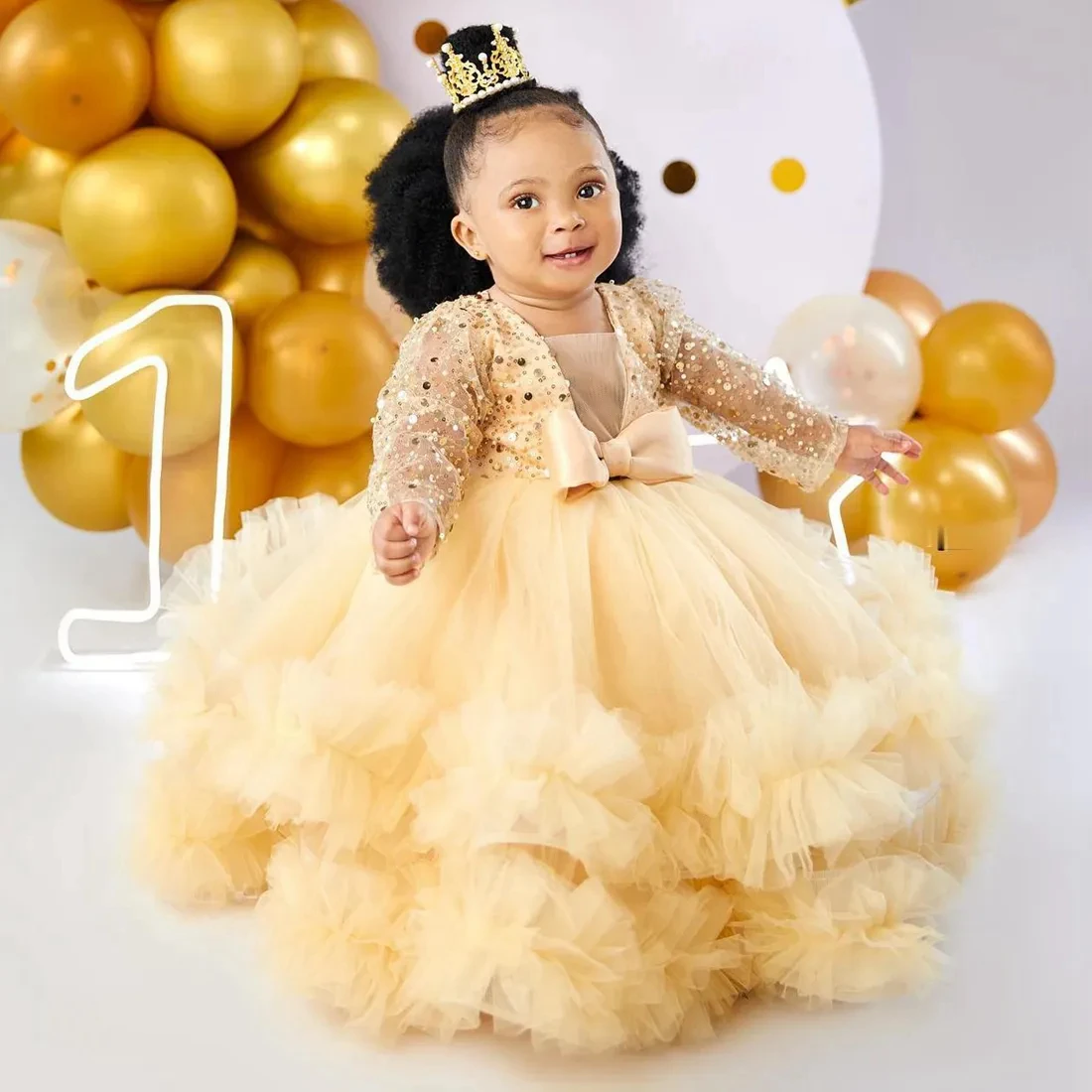 

Sparkling Flower Girl Dresses V Neck Long Sleeves Sequined Tiered Tulle Ball Gowns Special Occasion Birthday Party Dresses