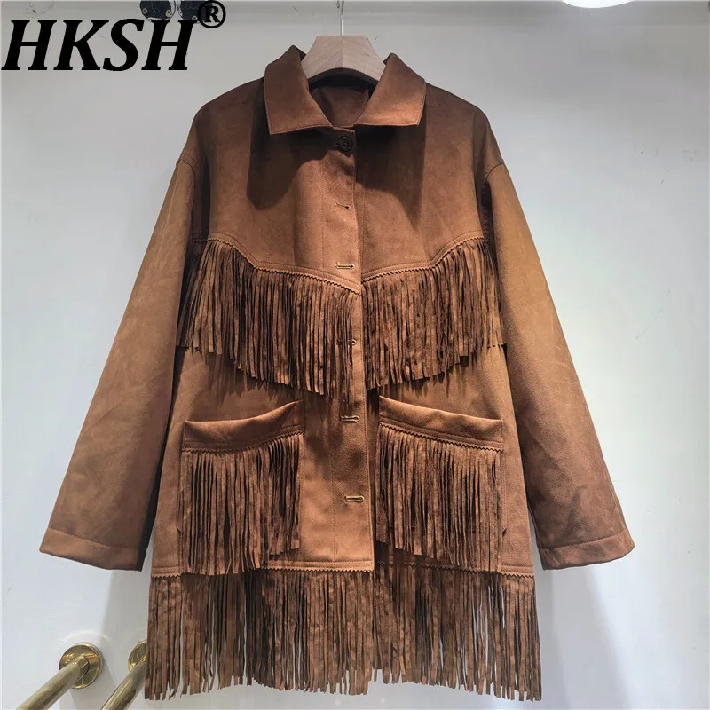 

HKSH весна осень новая женская куртка из искусственной замши с кисточками и карманами однобортный отложной воротник уличная одежда трендовое пальто HK13761