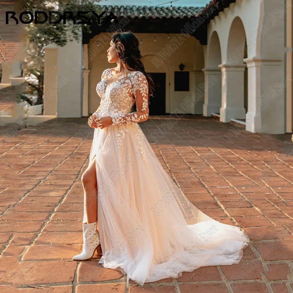 

RODDRSYA Lace O-Neck Wedding Dresses For Woman Applique Long Sleeves Bride Gowns Side Split A-Line Boho Vestidos De Novias