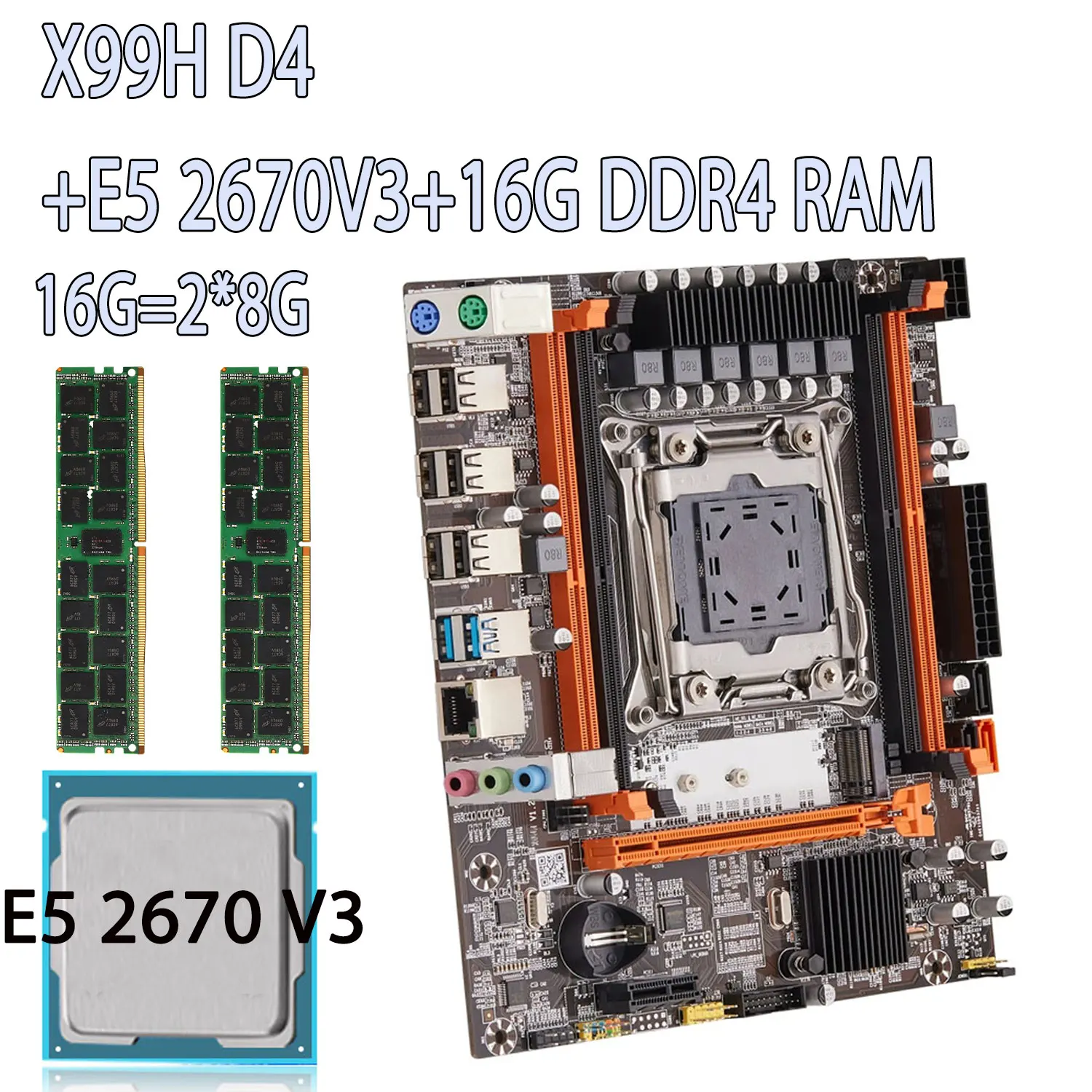 

KEYIYOU X99H D4 Motherboard LGA 2011-3 Kit Xeon E5 2670 V3 CPU and 2*8GB=16G DDR4 2133MHZ ECC REG Memory USB3.0 STA3.0 M.2 NVME