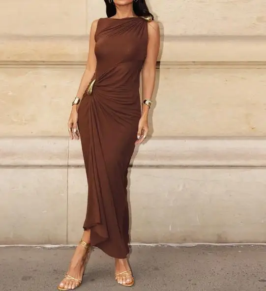 

2025 New Women's Fashionable and Sexy Slim Fit Metal Decoration Hip Fold Sleeveless Dress