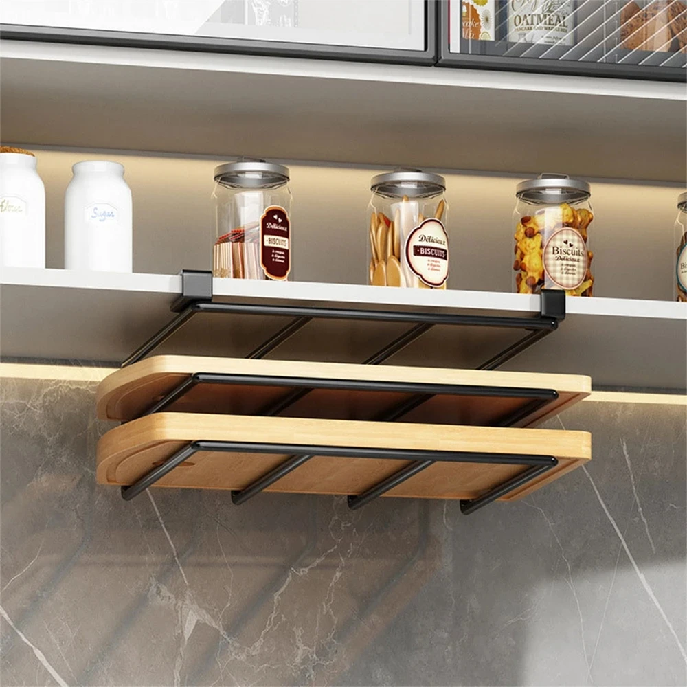 Kitchen Storage Rack Under Cupboard Paper Towel Rags Hanger Cabinet Hanging Wine Glass Pot Cover Organizer Shelf with Hooks