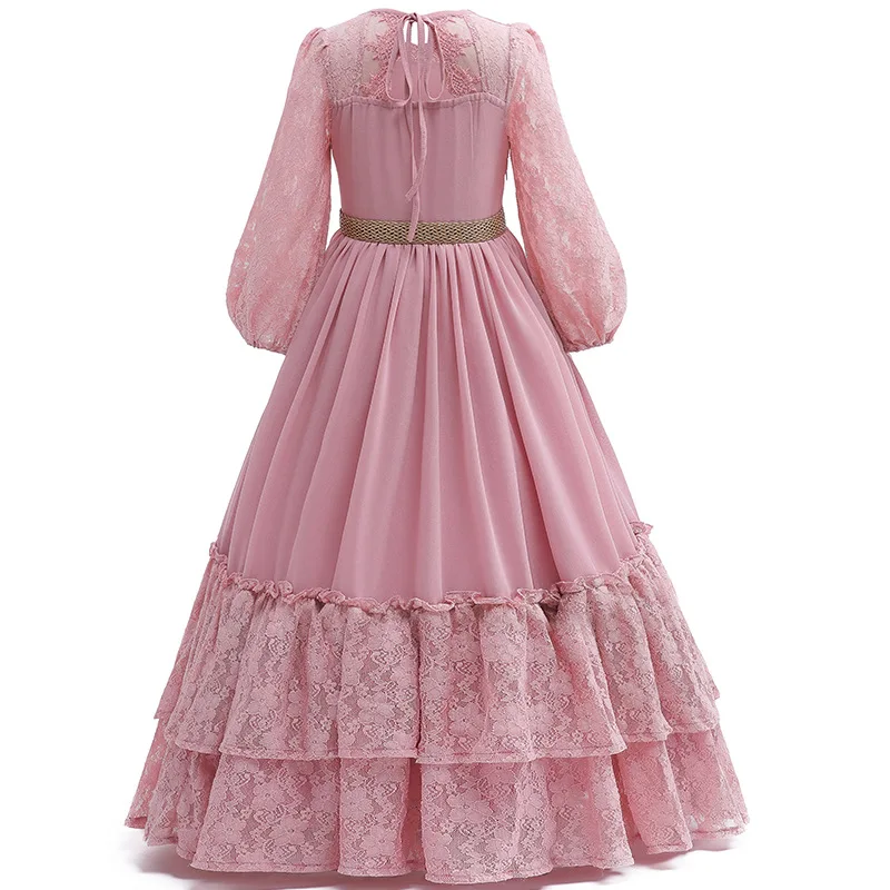 Spring And Autumn Girls Dress Chiffon Bubble Sleeves Lace Little Princess Dress Christmas Birthday Gift 4-8 Years Kids Clothes