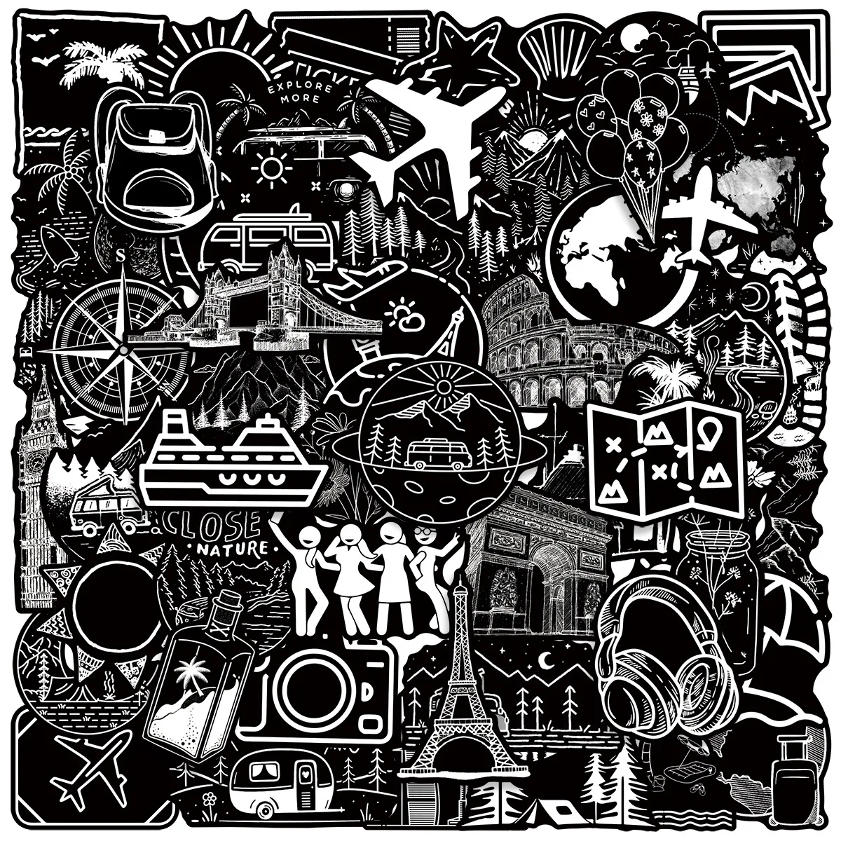 

10/50PCS Black and White Outdoor Travel Cartoon Graffiti Decorative Skateboard Phone Case Luggage Waterproof Stickers Kids Toy