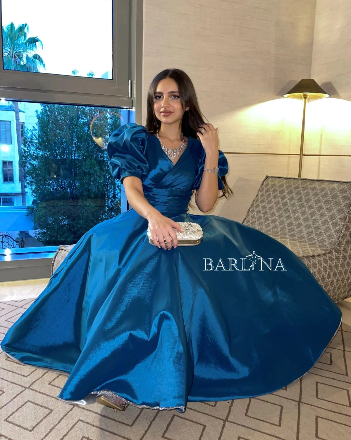 XPAY Vintage Blue Short Evening Party Dresses Saudi Arabic Women V Neck Puff Sleeves Tea length Prom Gowns Formal Birthday Party