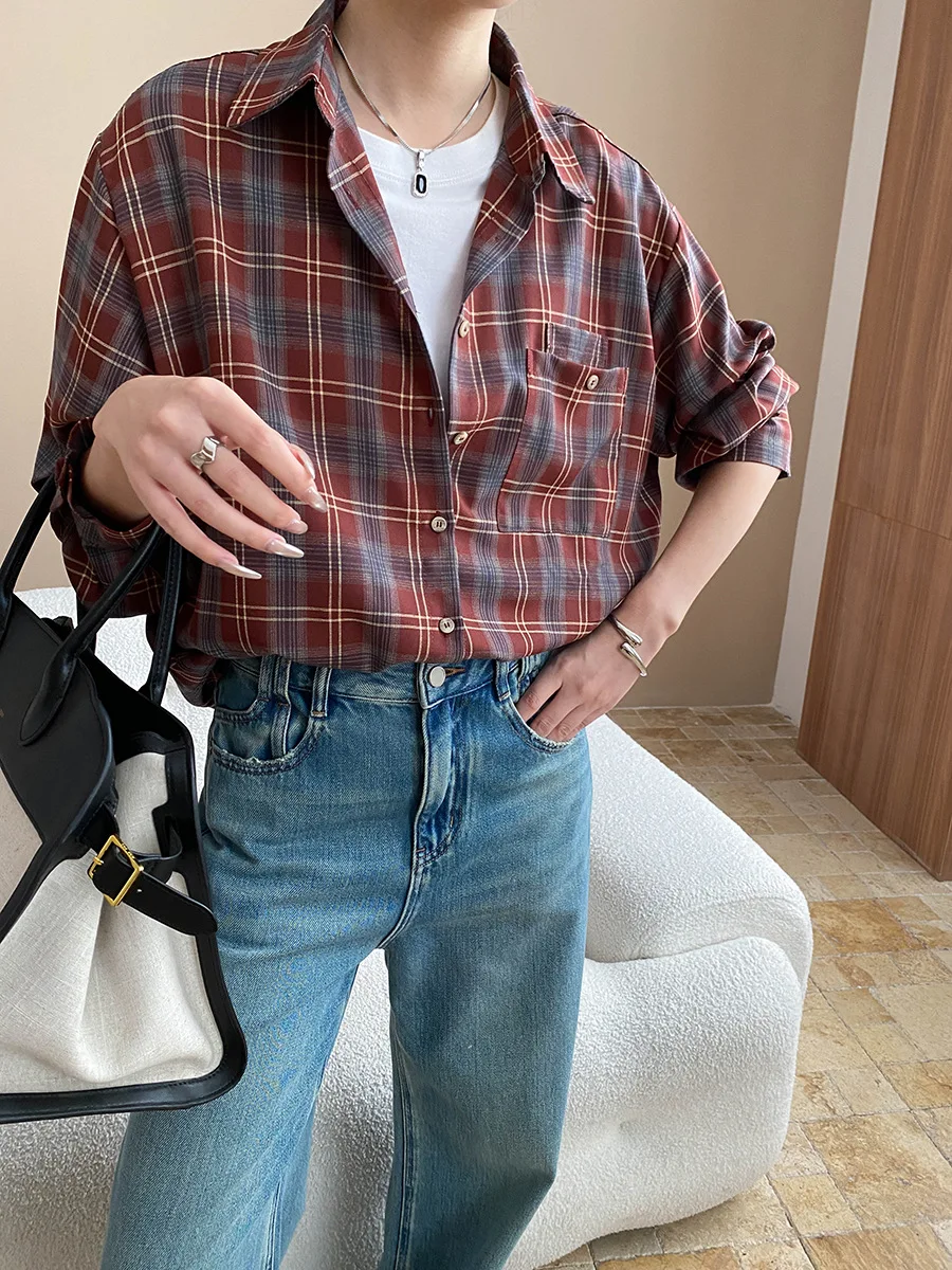 

Early autumn new high-end British retro plaid contrasting casual shirt