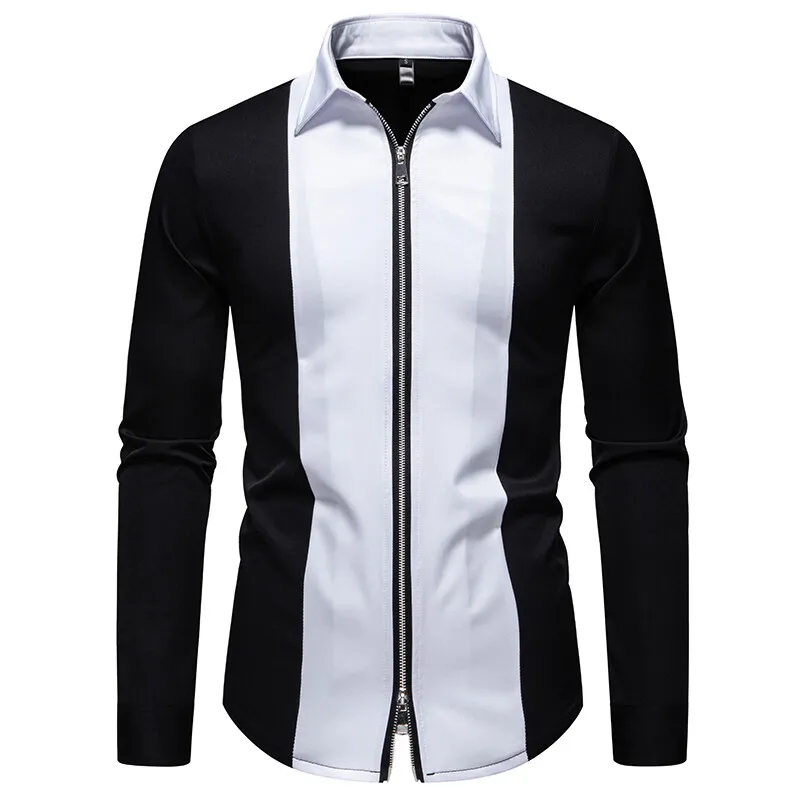 Zipper Design Lapel Shirts For Men Long Sleeve Slim Fit Easy Care Four Season Quality Soft Comfortable Color Block Chemise Homme