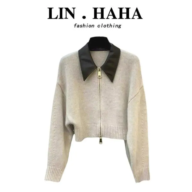 

Кожаный воротник, лоскутный свитер, кардиган, женский осенне-зимний новый модный винтажный короткий вязаный свитер на двойной молнии для пожилых людей