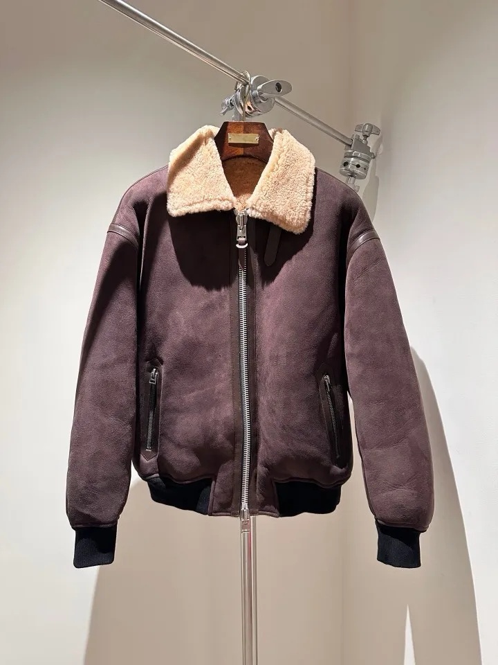TF Men Sheepskin Leather Jacket 2026 Autumn Winter Turn Down Collar Zipper Front Thick Warm Retro Coat