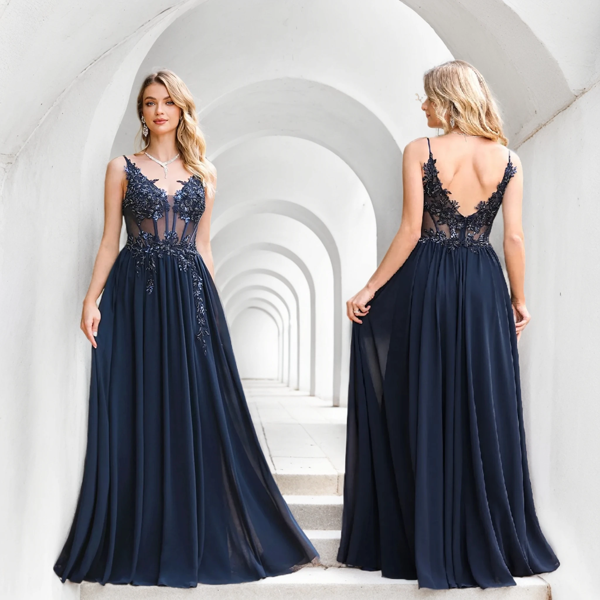 

Women Summer Sling Dresses Lace Appliques Spaghetti Straps V-Neck Sexy Illusion Backless Evening Dress A-Line Maxi Party Dress