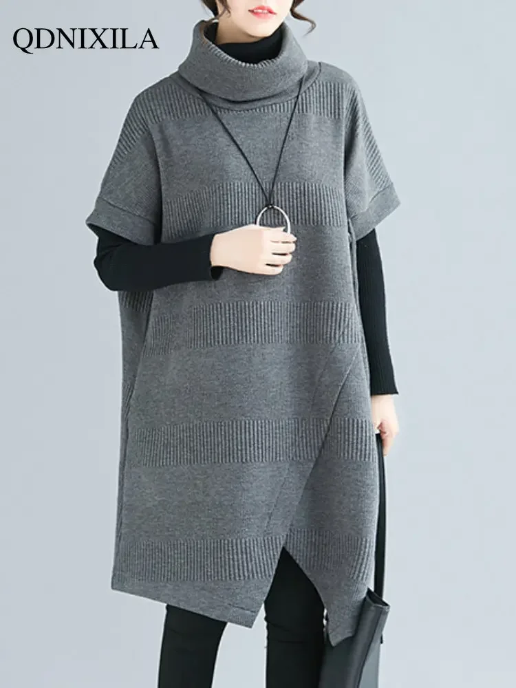 

Autumn Winter Large Women's Dress Loose Lrregular High Collar Underlay Dress Women's Sweater Asymmetrical Loose Pullover