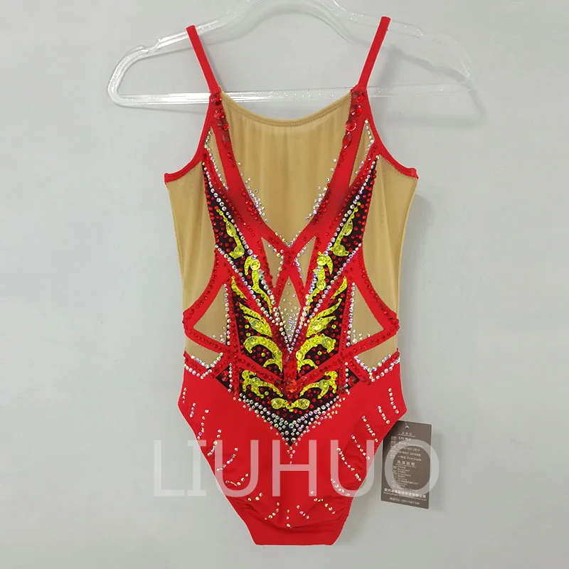 LIUHUO Handmade Synchronized Swimming Suits Women's Girls Training Competitive Sleeveless Leotards Red