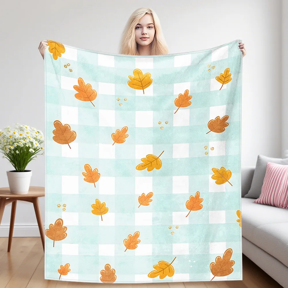 Autumn Gingham Leaves Four Season Flannel Blanket, Soft Plush Skin Friendly Sofa Blanket, A Great Gift Item