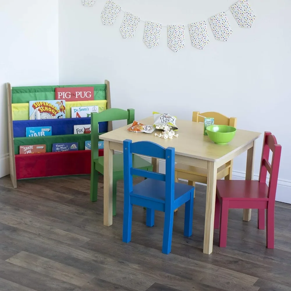 Humble Kids Desk Crew Collection Mesa infantil de madeira e conjunto de 4 cadeiras, conjunto de mesa e cadeira para crianças naturais/primárias