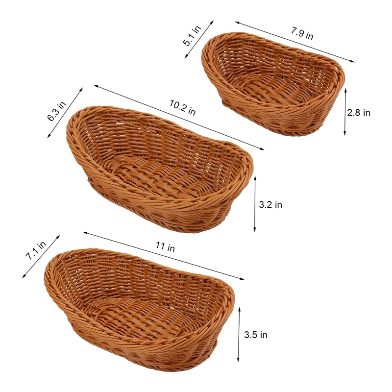 ABWR-Weiden-Brotkorb, gewebt, Servierkorb, 3er-Set, Aufbewahrungskorb für Lebensmittel, Obst, Kosmetik, Aufbewahrung, Tischplatte und Badezimmer