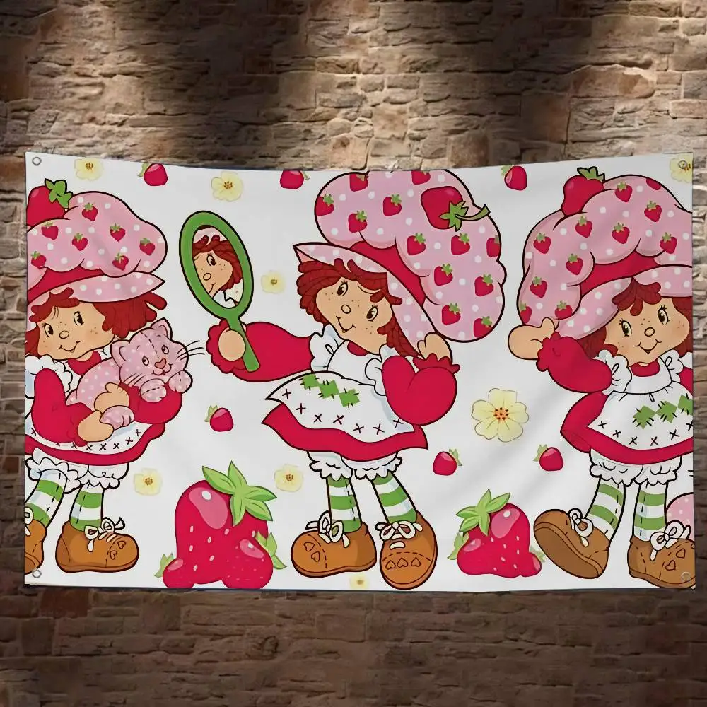 S-Strawberry-shortcake girl Creative Pattern Hanging Flag Polyester Printed Banner Hand Pulled Flag
