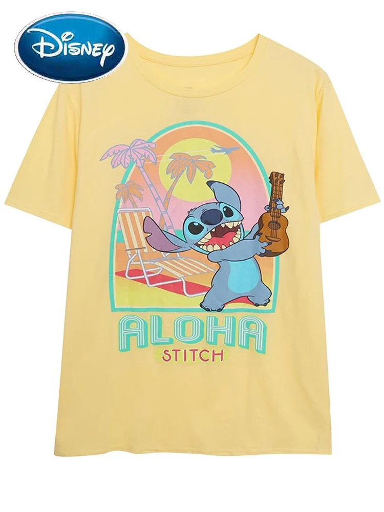 Disney T-Shirt Stitch Little Monster Letter Palm Trees Cartoon Print Sweet Women O-Neck Pullover Short Sleeve Tops Yellow Female