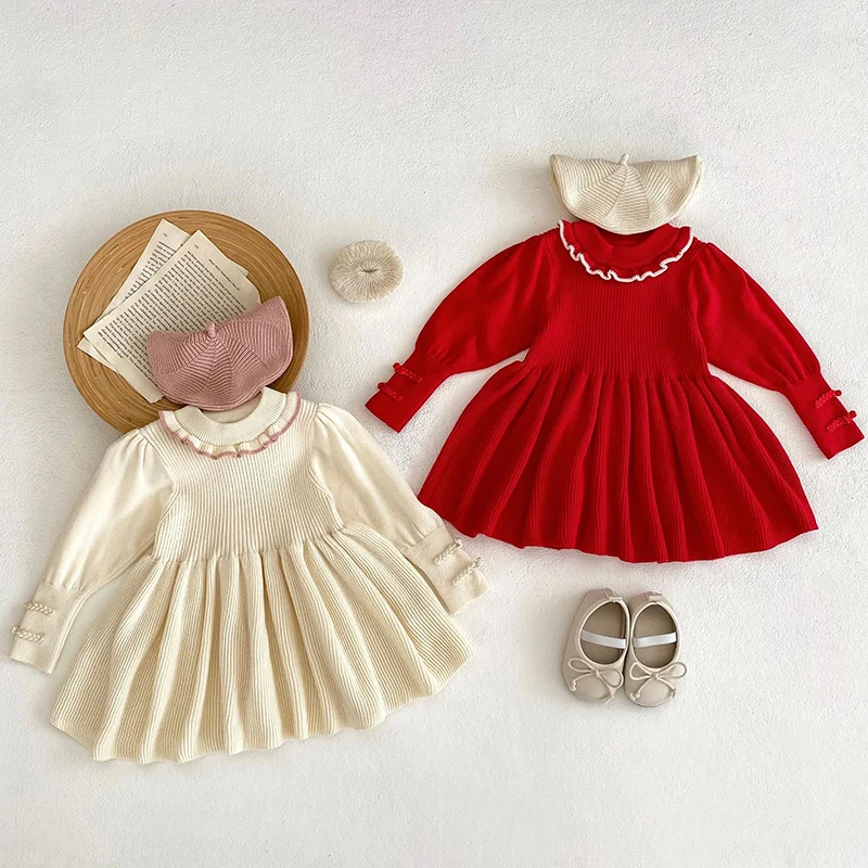 2024 New Autumn European American Style Baby Girls Knitting Dress Long Sleeved Solid Color Knitted Kids Princess Dresses