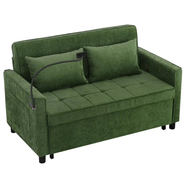 double sofa, square sofa, pull-out sofa bed, flippable backrest pad, side pocket, mobile phone holder.