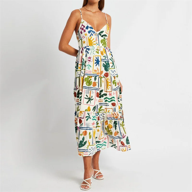 Dourbesty Women Summer Cami Dress Leaves Print Sleeveless Spaghetti Strap V-Neck Long A-Line Dress Vintage Female Vestidos 2024