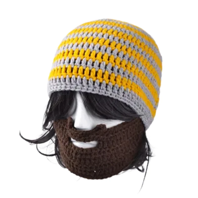 Men's Beard Hat Knitted Winter Beanie Striped Bonnet Touca Gorro Blue Gray Yellow Orange