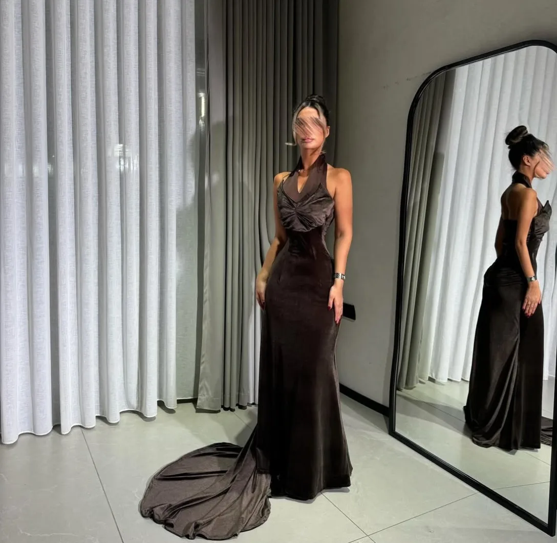 

Customized Long Velvet Evening Dresses Pleated Mermaid فساتين سهرة Backless Sweep Train Prom Dress for Women