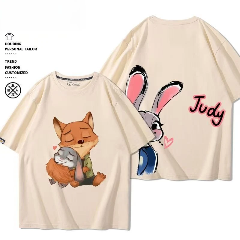 

hoodie Cartoon Bunny & Fox Co-branded Style Unisex Couple T-shirt 100% Cotton Summer Short Sleeve Trendy Top mujeres ofertas