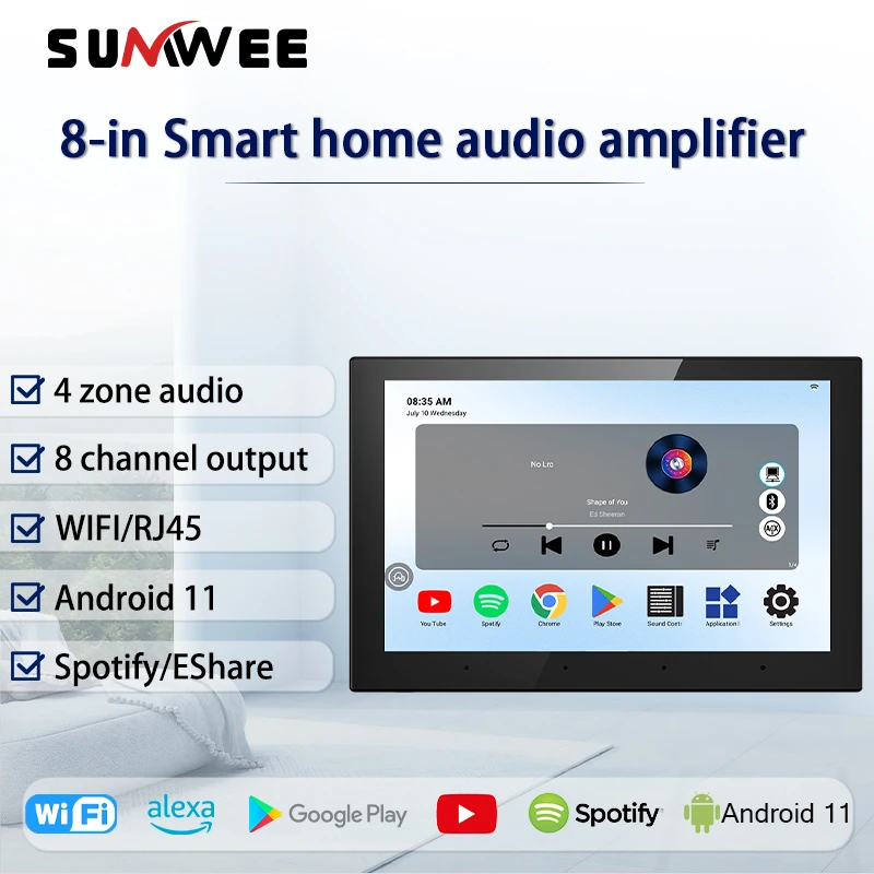 

8inch Android 11 Voice smart home sound In Wall Amplifier Background Music System panle WIFI TUYA 4-Zone audio Touch Screen RJ45