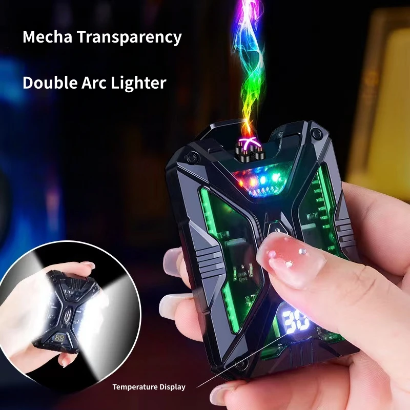 Metal Mech Transparent Dual Arc USB Charging Lighter Temperature Display Colorful LED 3rd Gear Lighting Power Display Men\'s Gift