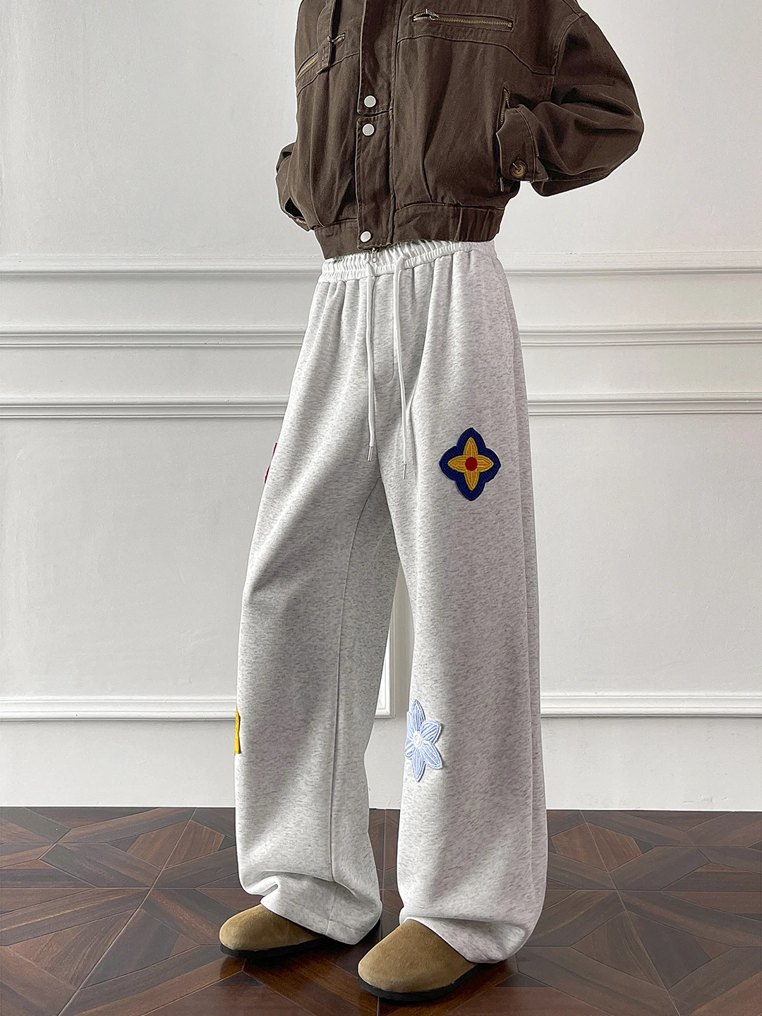 

Брюки прямого кроя с вышивкой и флисовой подкладкой для мужчин и женщин, осенне-зимние, широкие, струящиеся, повседневные