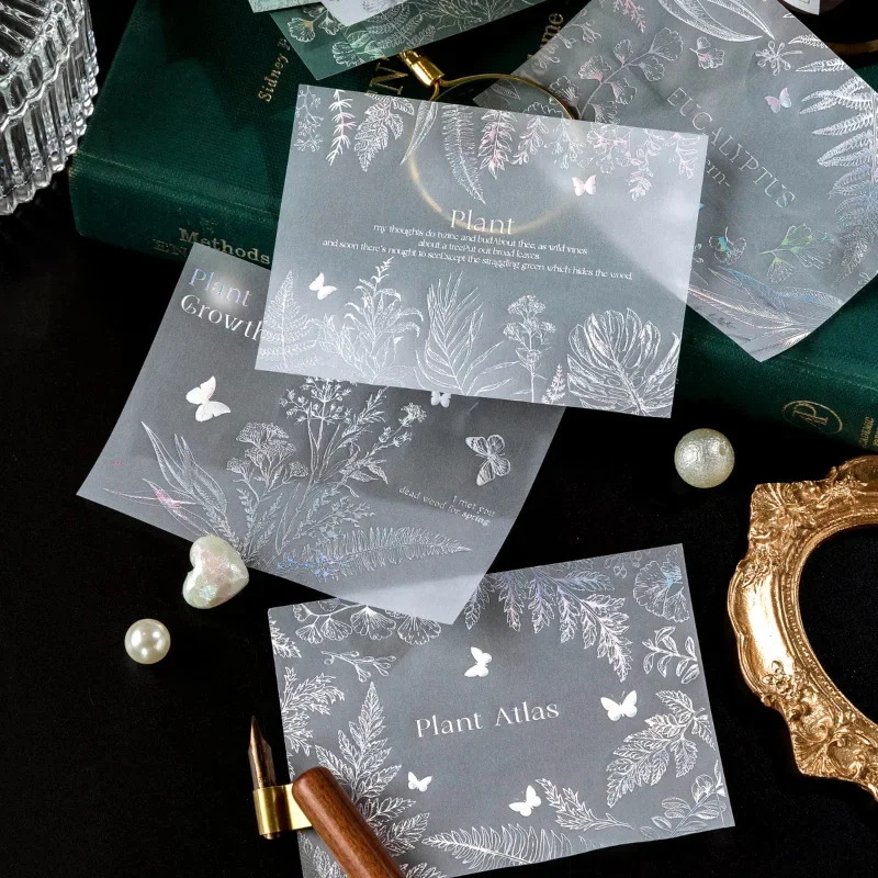 15pcs/pack Laser Silver Bronzing Light Feather Garden Retro Plants Scrapbooking Decorative Journaling Backing Paper