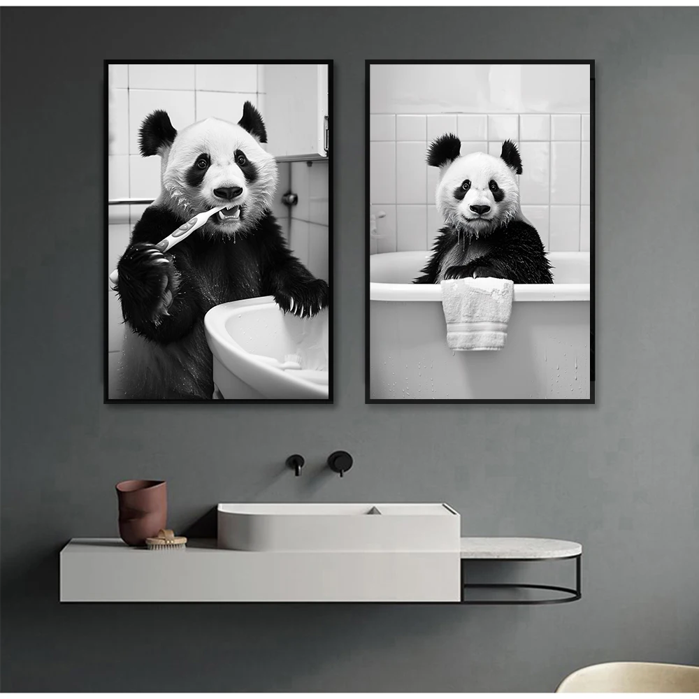 Funny Panda Toothbrush Bathing  In The Tub  Reading Newspaper On The Toilet  Canvas Poster Home kids Bedroom Bathroom Decor