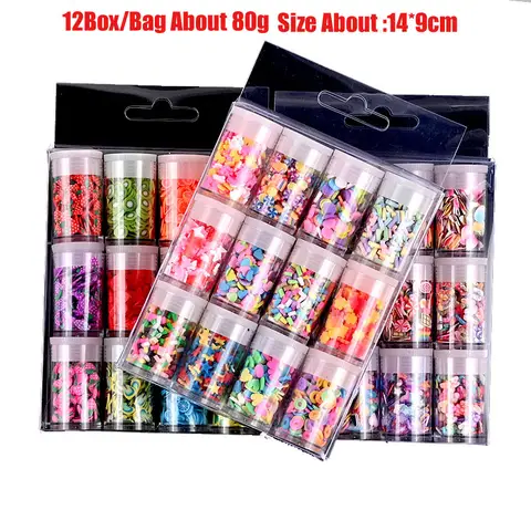 80g/12Box Mixed Fruit Animal Flower Slices Polymer Hot Clay Sprinkles for Crafts DIY Making Slime Filling Material Accessories