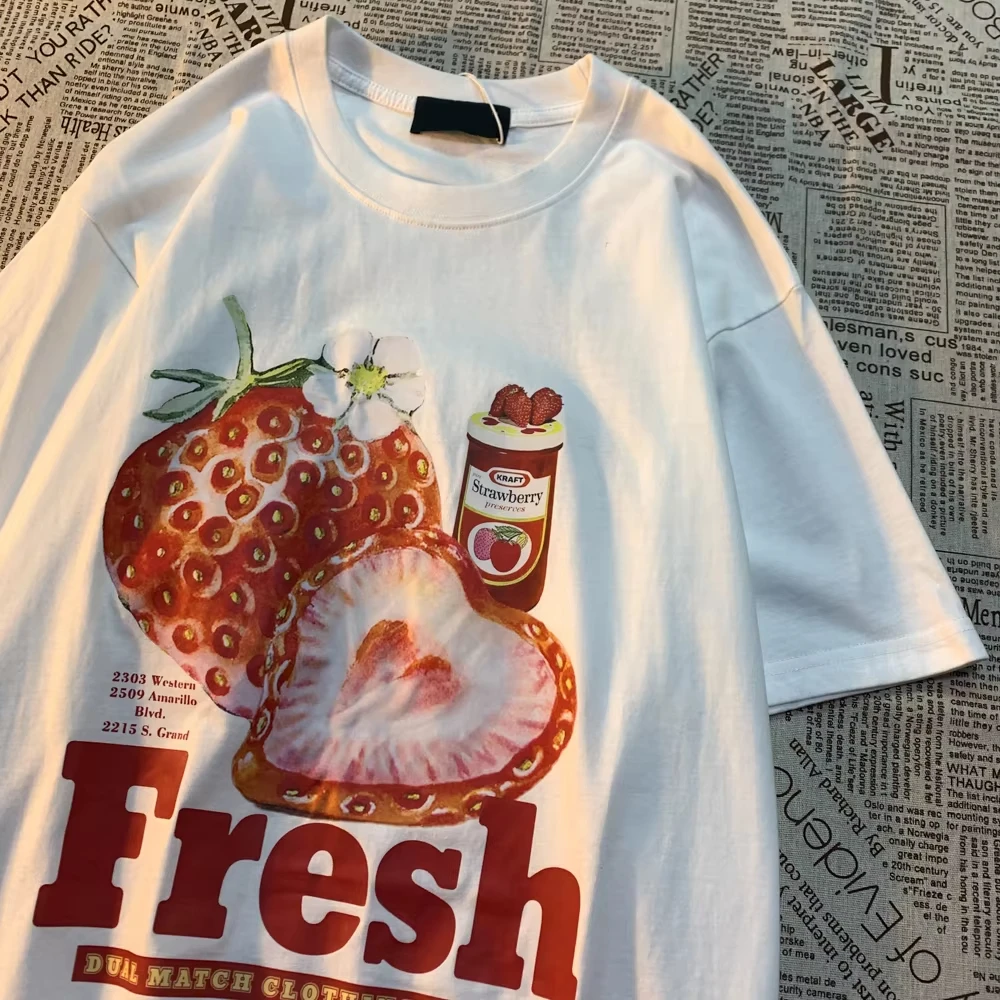 Camiseta informal suave y transpirable con estampado gráfico de fresa fresca para hombre y mujer, camisa de media manga de gran tamaño a la moda