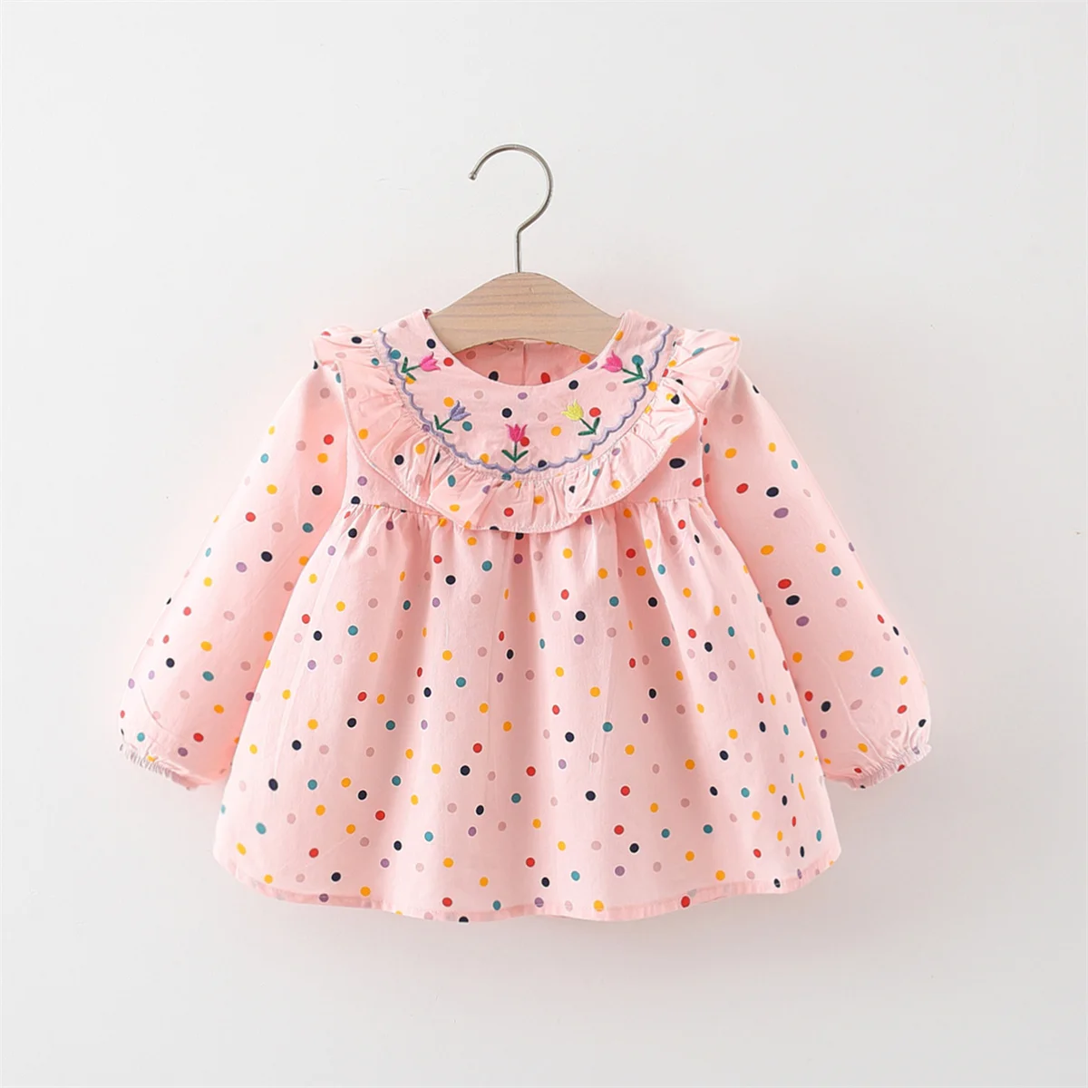 Spring and Autumn Children's Tulip Embroidered Dress Girl's Colorful Dotted Ruffle Edge Long sleeved Princess Dress