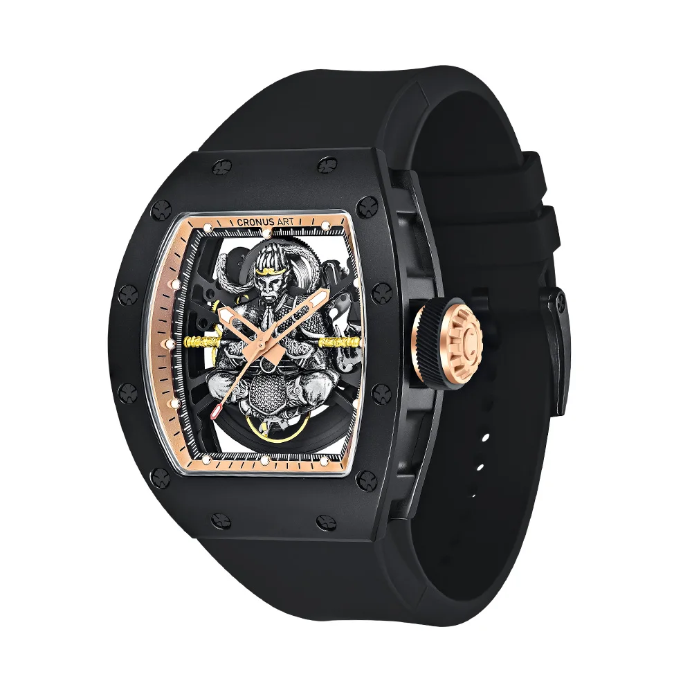 CRONUSART Orologio automatico da uomo 50mm Tonneau Orologio da polso meccanico Cassa in acciaio al carbonio Specchio zaffiro Scheletro luminoso Quadrante Wukong