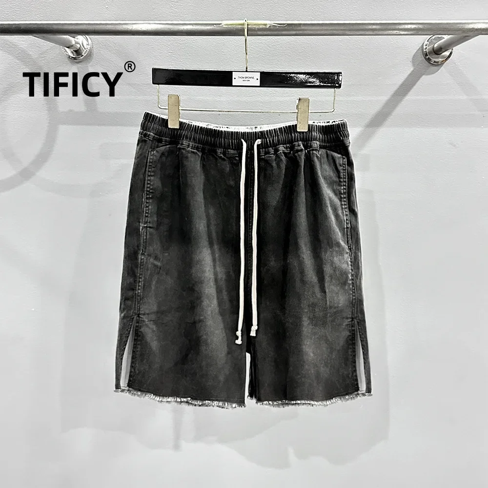 TIFICY Elastic Waist Men's Coated Drawstring Denim Cotton High Street Washed Rough Edge Loose Casual Five Part Summer Shorts