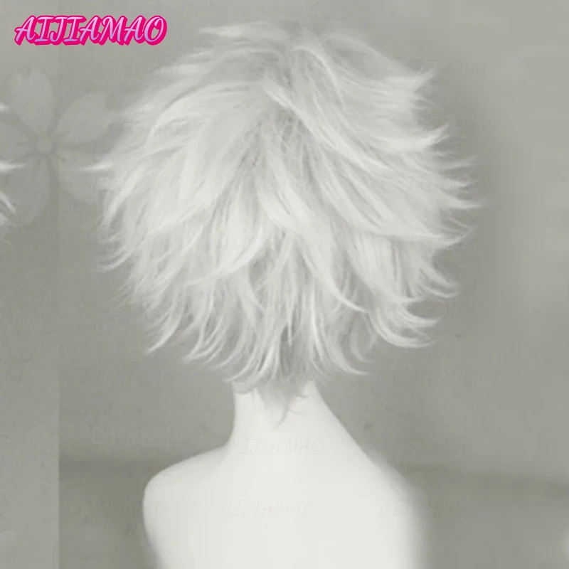 Killua Zoldyck Peruca curta para cosplay masculina, peludo prateado, em camadas, resistente ao calor, cabelo sintético, boné