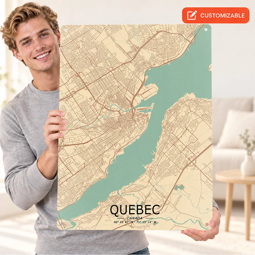 Quebec City Beige Street Map Textured Metal Poster Personalized Aluminum Sign Retro Graphic Wall Art For Study, Traveler Gift