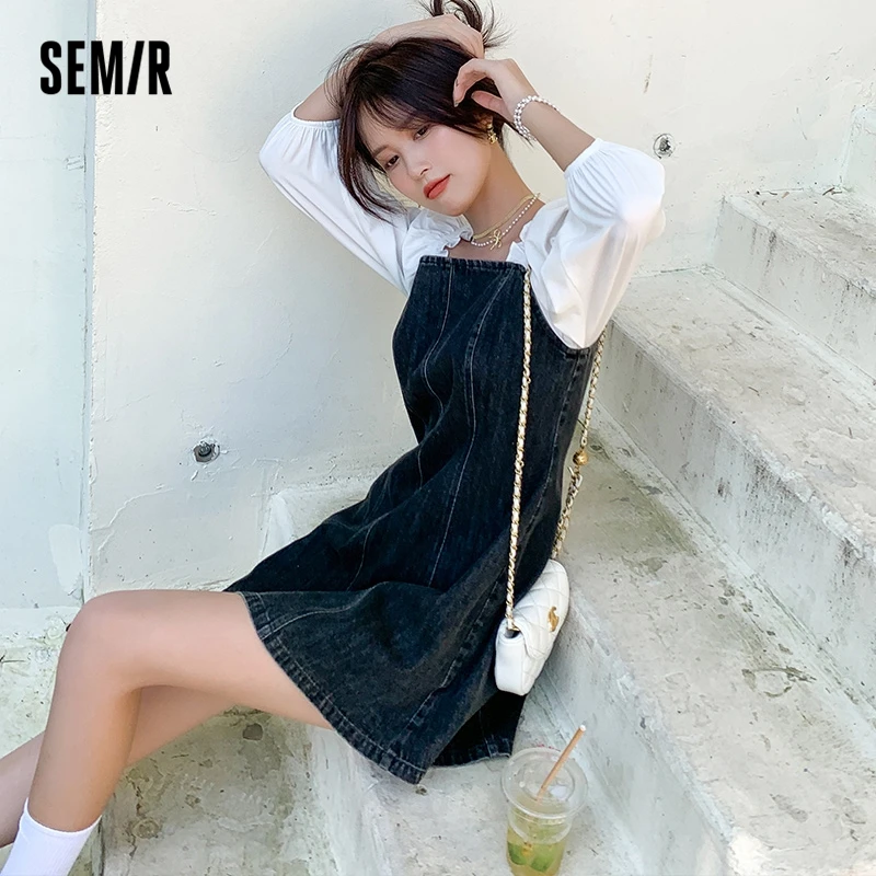 Imagem -02 - Semir Vestido para Mulheres Sexy Moda Costura Commuter 2023 Outono Novo Contraste Cor Vestido Estilo Suave