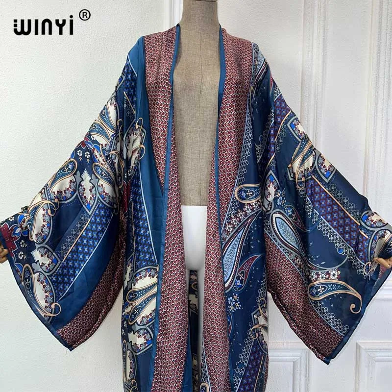 WINYI 2024 summer kimono boho print beach cover up Swim Suit elegant African women boho Cardigan sexy Holiday silk feeling dress