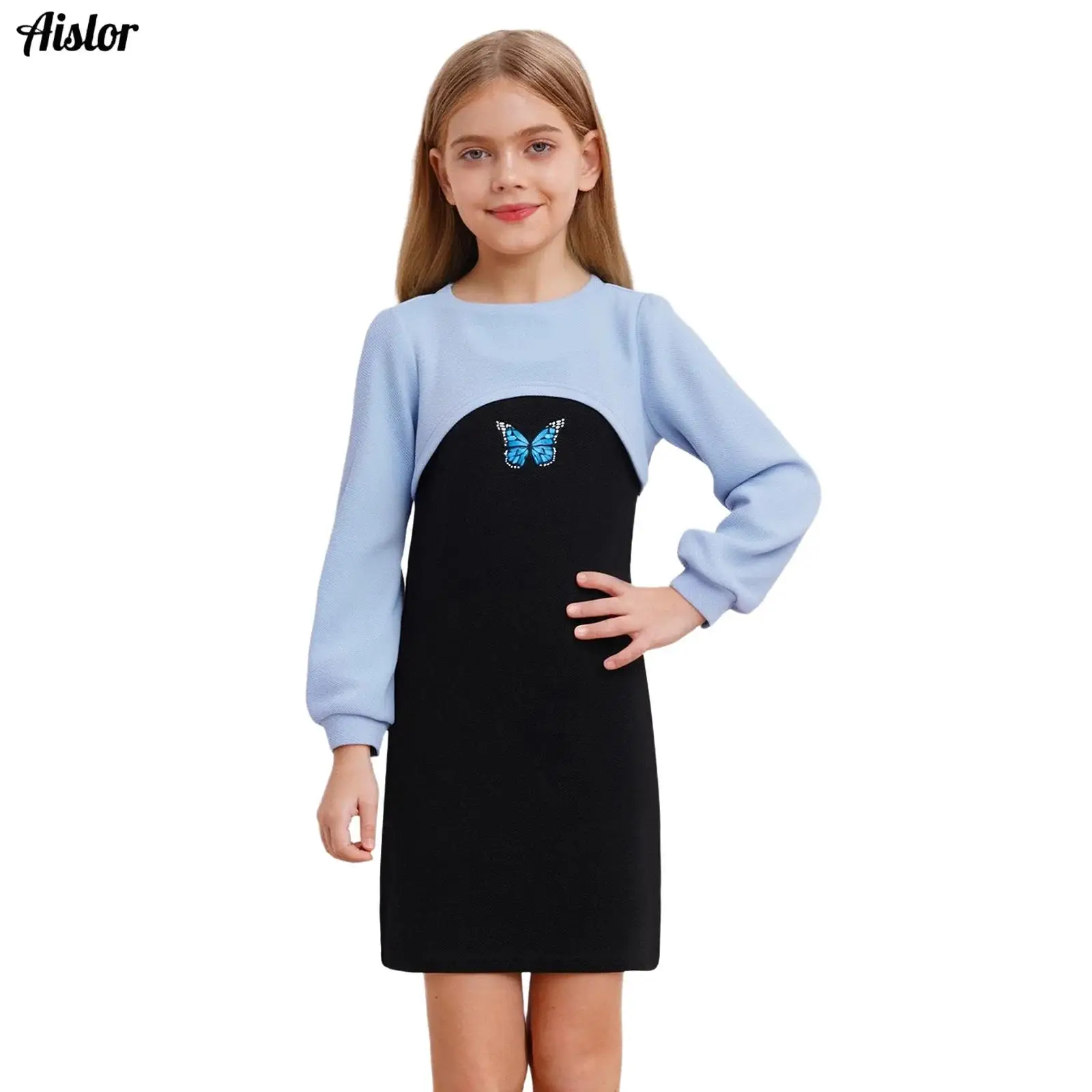 

Kids Girls Dress 2-Piece Outfit Round Neck Long Sleeve Asymmetrical Hem Pullover Top+Spaghetti Straps Butterfly Printed Dress