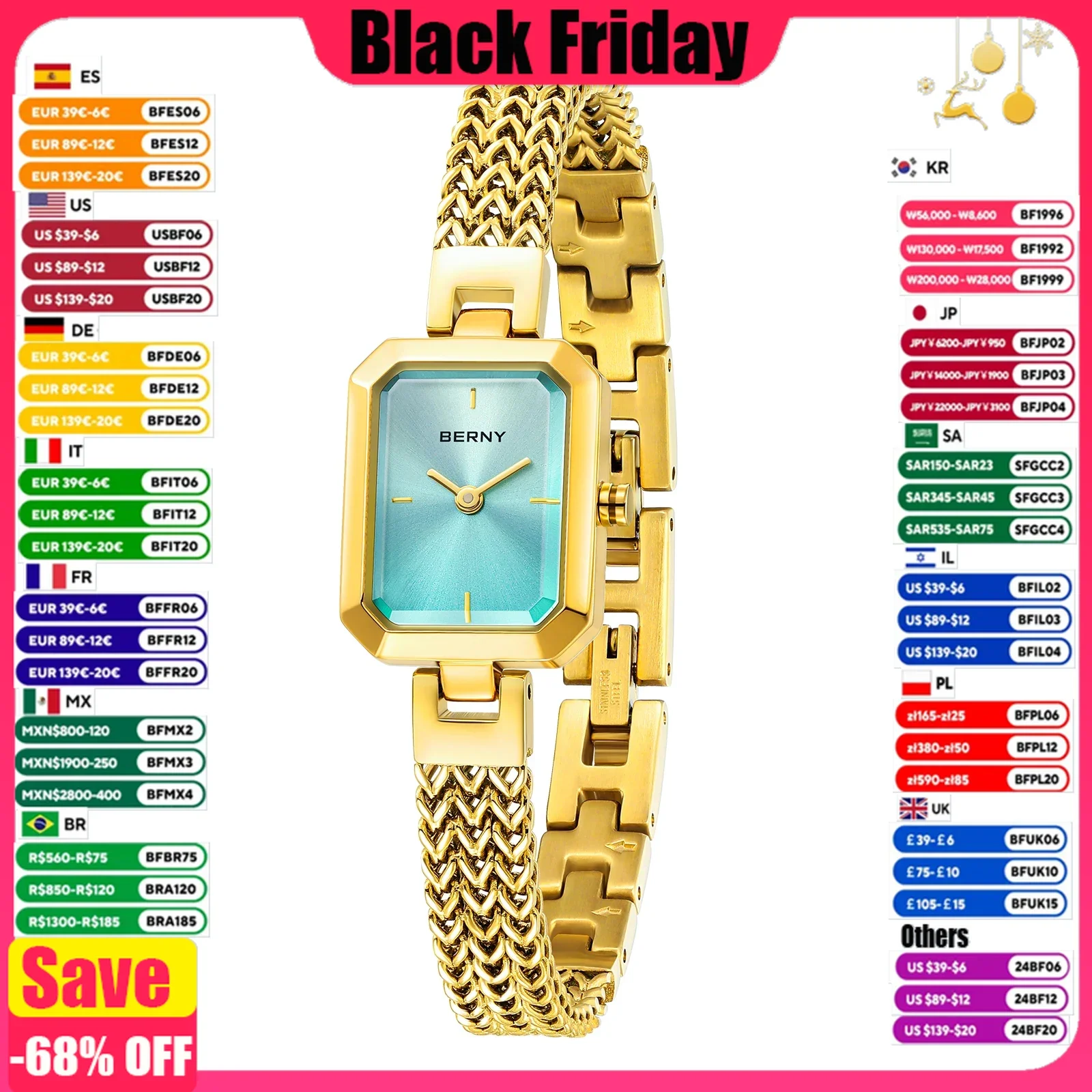 BERNY Rectangle Women Watch Golden Quartz Fashion Minimalist Wrist Watches 3ATM Stainless Steel Watch Band Gold Ladies Watches