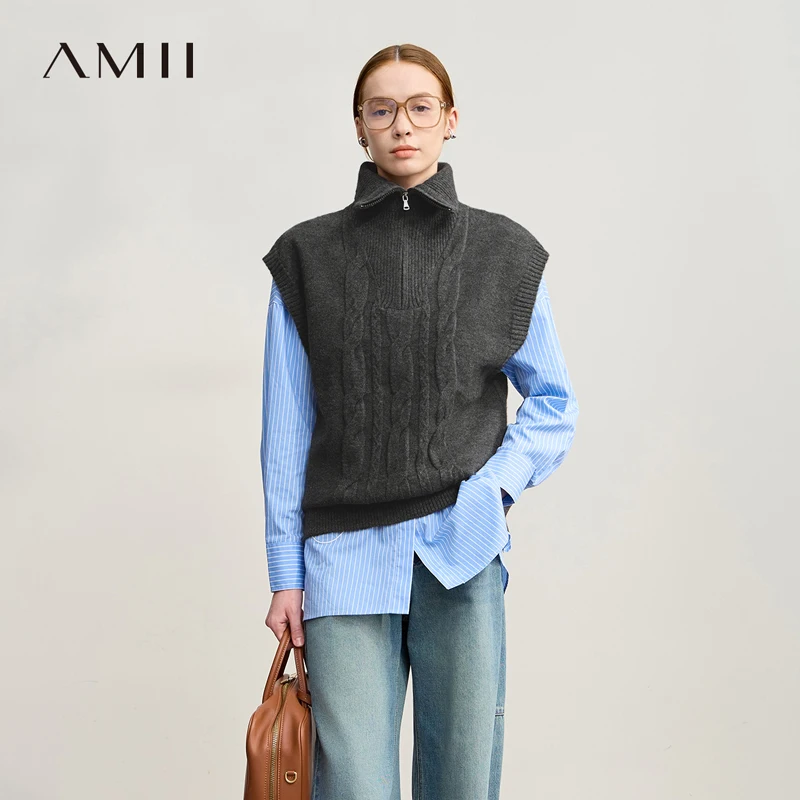 AMII Women's Sweater 2025 Winter New Minimalist Commuter Solid Versatile Loose Pullover Knitted Sleeveless Vest Women 12524121