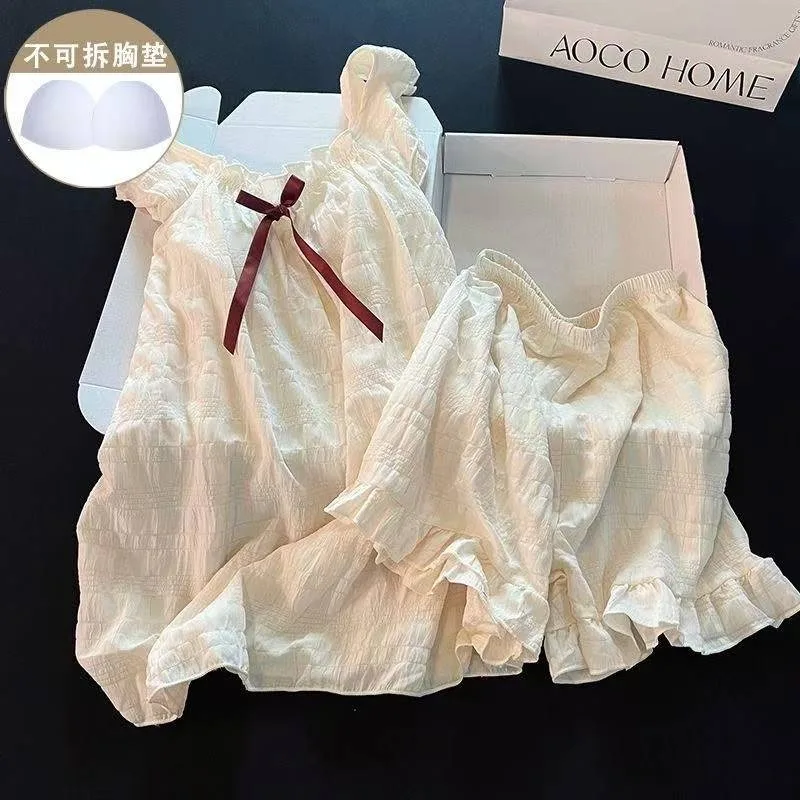 

Summer Cloud Cotton Ladies Sleepwear Vest Shorts Set with Chest Pad Casual Sweet Home Clothes Outdoor Wearable Comfortable Pajam